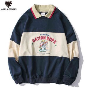 Aolamegs Striped Patchwork Hoodies Autumn Sweatshirts Men Cute Print Casual Hooded Pullover Couples False Two Harajuku Colthing 211217