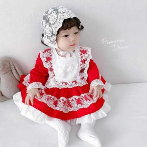 スペインベビー服秋の女の子スペインのドレスLotia赤いレースのボールガウン幼児の誕生日の衣装バプテスマフロック210615
