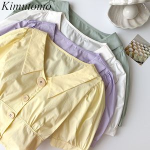 Kimutomo Short-Sleeved Shirt Kvinnors sommar Koreansk Design Bow Slips Slim Single Breasted Short Blouse Girls Elegant 210521