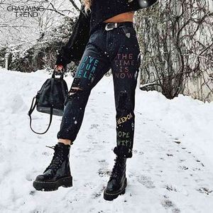 Autumn Winter Jeans Woman Letter Graffiti Offset Printing Distressed Denim Pants For Ladies Tight High-midja Nine Bottoming Jean 201030