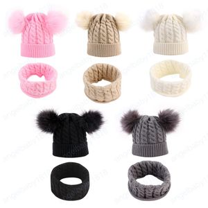 Moda Criança Infantil Malha Com Faux Fur Ball Caps Quente Criança Círculo Laço Lenço Baby Hairbands Accessorise Sets Photo Adereços