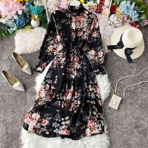 Herbst Koreanische Mode Stehen Kragen Langarm Schwingende Taille Schlank Unten lange druck Kleid Frauen Blumen Kleid vestidos 210514