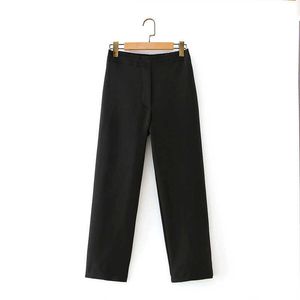 Eleganckie Kobiety Kieszonkowe Proste Spodnie Moda Damska Stylowa Wysoka Talia Spodnie Kobiet Vintage Black Pant Girl Chic 210527