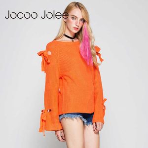 Jocoo Jolee Casual O-Neck Sweater Pullover Lace Up długie rękawy z łukowymi rękawami Pullover Kobiet Sweter Świąteczny Sweter 210619