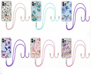 Crossbody Strap Flower Metallic Hüllen für iPhone 13 Pro Max 12 11 Samsung A23 A73 A53 A33 5G S22 Ultra S21 Plus Chrome Fashion Soft TPU GelPhone Cover Schulterband