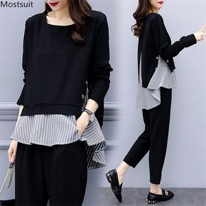 Black Two Piece Set Women Striped Splicing Long Sleeve Tops And Harem Pants Sets Casual Office Korean Ladies Suits Sale 220315