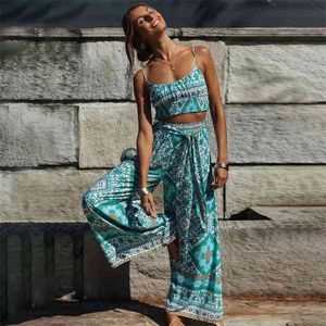 Jastie Boho Vintage Pattern Print Women 2 Piece Set Spring Midriff Baring Wide Leg Pant Retro Chic Beach Vacation Women Set 210419