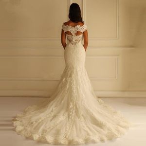Gracioso vestido de casamento de sereia fora-ombro profundo v neck rendas apliques clássico vestidos de noiva personalizados