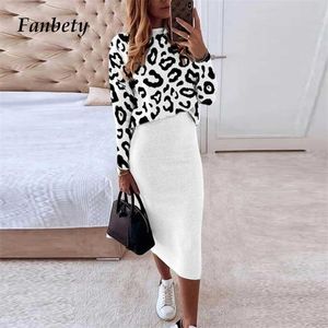 Kvinnor Elegant Leopard Print Två Piece Set Höst Casual O-Neck Sweatshirt Pullover och Bodycon Kjol Outfits Lady Fashion Passits 211108