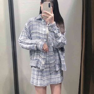 Women's Small Fragrance Style Jacket Single-Breasted Plaid Texture Tweed Shirt Loose Lapel Pocket Buttons Spring 210521