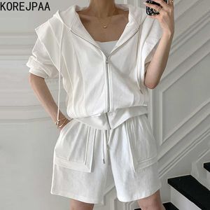 Korejpaa Women Sets Summer Korean Simple Hooded Loose Short Sleeve Jacket Double Pocket Casual High Waist Wide Leg Shorts 210526