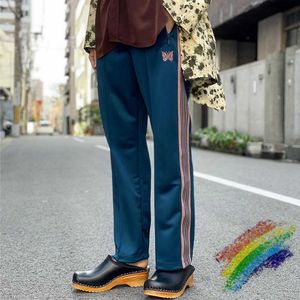 Sea Blue Needles Pants Men Women Stripe Butterfly Embroidery Ribbon Needles Track Pants High Street Trousers X0628