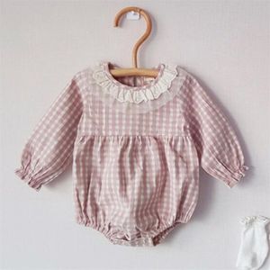 Infant Baby Rompers Girls Long Sleeve Grid Lace Collar Clothes Spring Autumn 0-3Yrs 210816