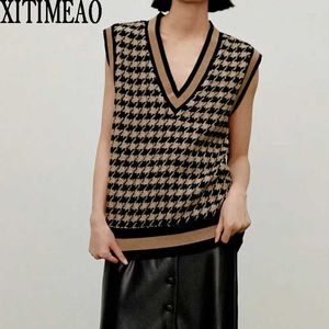 ZA Women Fashion Houndstooth Loose Knitted Vest Sweater V Neck Sleeveless Side Vents Female Waistcoat Chic Tops 210602