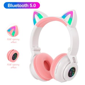RGB Cat Ear Headphones Bluetooth 5.0 Buller Avbryta Vuxna Kids Girl Headset Support TF-kort FM-radio med MIC för telefon PC-spelheadset
