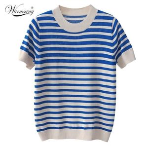 Thin Knitted T Shirt Stripe Round Neck Summer Woman Slim Short Sleeve Tees Tops Striped Casual T-Shirt B-165 210522