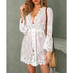 Summer Women Cardigan Sexy Transparent See Through Long Sleeve White Lace Short Tunic Beach Dress 210415