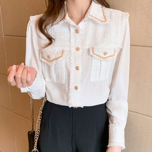 Fashion Tweed Patchwork Women Long Sleeve Golden Chain Pocket Beading Shirts Blouse Office Lady Satin Silk Weave Top 210416