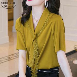 Plus Size Cardigan Tops Silk Yellow Short Sleeve Shirt Women Summer Office Lace Stitching Satin Blouse V Neck 10185 210508