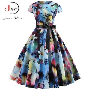 Kvinnor Vintage Klänning Sommar Blomstryck Kortärmad Klänningar 50s 60s Office Party Rockabilly Swing Retro Pinup Plus Size 210623