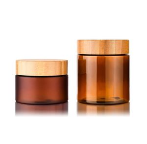 Vücut Tereyağı Krem Konteyner Ambalaj Şişeleri 150 ml 250ml Amber Pet Kozmetik 8oz Plastik Kavanoz Vida Kapaklı Bambu Ahşap Kapaklı SN3029