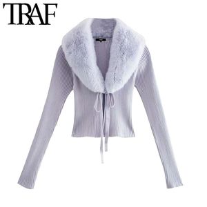 Women Fashion Faux Fur Patchwork Cropped Knitted Cardigan Sweater Vintage Tied V Neck Female Outerwear Chic Tops 210507