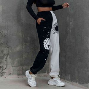 Standwear Mulheres Sweatpant Moda Sol e Lua Padrão Imprimir Patchwork Calças Autumn Elastic Cintura Pocket Harajuku Sport Calças Y211115