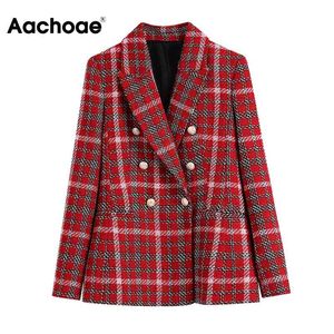Aachoee Chic xadrez Tweed Blazer Mulheres Dupla Breasted Office Wear Coat Fêmea Relógio Notched Collar Casacos de Manga Longa Outerwear 210413