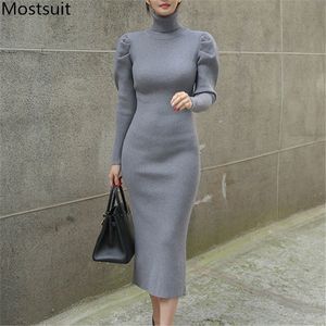 Turtleneck Thick Slim Knitted Women Long Dress Spring Autumn Puff Sleeve Korean Elegant Fashion Pencil Dresses Vestidos 210518