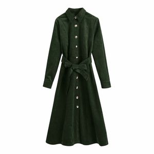 Vintage Woman ArmyGreen Corduroy Long Shirt Dress Fashion Ladies Autumn Sashes es Female Chic Sleeve 210515