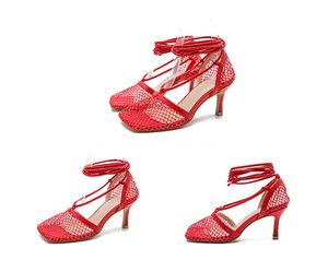 Eilyken Verão Outono Sexy Malha Bombas Sandálias Fêmeas Quadrado Toe Salto Alto Lace Up Cross-Tied Stiletto Hollow Dress Bombas Shoessghkdsoajgp