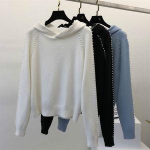 Höstkoreanska versionen av den lösa kvinnans kostym långärmad hooded knit tröja visar pärlor 210416