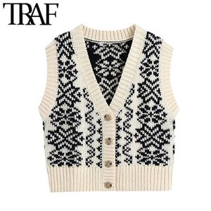 TRAF Women Fashion Button-up Printed Knitted Vest Sweater Vintage V Neck Sleeveless Female Waistcoat Chic Tops 210415