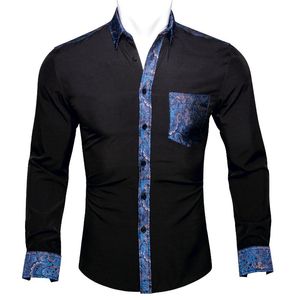 Camisas Masculinas Barry.Wang Preto Sólido Azul Floral Emenda Masculina Manga Longa Casual Macio Para Designer Fit Camisa BCY-0302