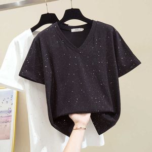 Parlak Seksi V Yaka Kısa Kollu Tshirt Pamuk Gömlek Kadın Kore T-shirt kadın Tee Tees Pembe Mor Siyah Tops 210604