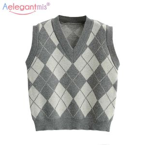 Aelegantmis vintage Argyle tricotada colete mulheres coreano chique v pescoço solto pulôver sem mangas camisola jumpers casuais waistcoat 210607