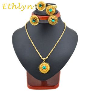 Ethlyn Ethiopian jewelry & Habesha Pendant rings bracelets earrings jewelry Gold Color stone african bridal jewelry sets H1022