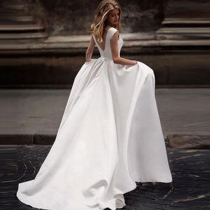 Sexy Backless Satin Wedding Dresses A Line Long Bridal Gowns Simple Style Country Beach Bride Dress With Pockets Summer Sleeveless Vestido