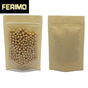 Sacchetti di immagazzinaggio 150 Pz / lotto Sacchetto di plastica trasparente in carta kraft marrone Doypack Stand Up Pouch Cerniera Richiudibile Noci Confezione da tè per caffè