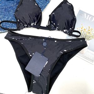 Fashion Sexy Letter Black Bikinis Female Backless Floral Bathing Suit Two Pieces Party Swimwear Trendy Travel Charm Swimsuit