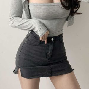 WOMENGAGA Double Layer Summer High Waist Elastic Thin Split Short Denim Skirt Sexy Fashion Women korean skirts W504 210603
