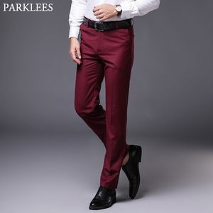 Erkek Slim Fit Düz Takım Elbise Pantolon Marka Düz ön Nedensel Pantolon Erkek İş Resmi Pantalon de Vestir Hombre Şarap Kırmızısı 210522