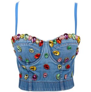 Colorful Rhinestone Denim Bustier Crop Top Camis Big Crystal Jean Corset Push Up Bra Sexy Women's Tanks Blue