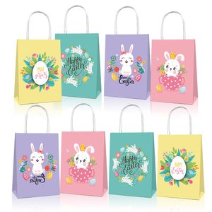 Påskpappersgåva Väska Väskor Ägg Kyckling Kanin Holiday Treat Bag med handtag för festfavörer och godsaker