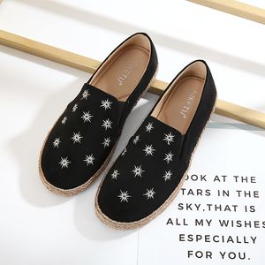 Mode damer loafers kvinnor broderade lata skor slip-on mjuka hamp lägenheter stjärnor casual kvinna espadrilles skor 0227