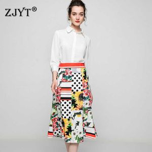 Yüksek Kaliteli Pist Tasarımcılar Bahar Kadın Kıyafetler Zarif Lady Beyaz Bluz Ve MIDI Baskı Etek Takım 2 Parça Parti Seti 210601