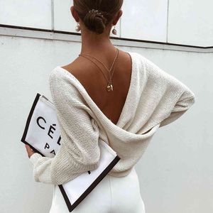 Sexy V Neck Knitted Sweater Pullover Oversized Spring Autumn Batwing Sleeve Casual Loose Streetwear Sweater Jumper 210415