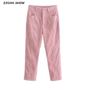 Vintage francuski sztruks spodnie jesień kobieta wysoki talia kostka długość małego ołówek różowe spodnie Q0801