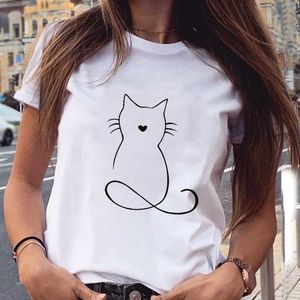 Kobiety Graficzny kot Piękny Zwierząt Moda Krótki Rękaw Wiosna Summer Cartoon Print Kobieta Ubrania Topy Tees Tshirt T-shirt X0527