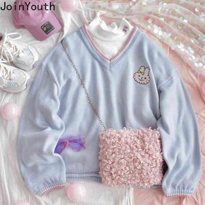 Joinyouth Tröja Kvinnor Söt Kanin V-Hals Strikkad Pullovers Kvinna Roupas Loose Solid Knitwear Jumper Preppy Style Sueter Toppar 210806